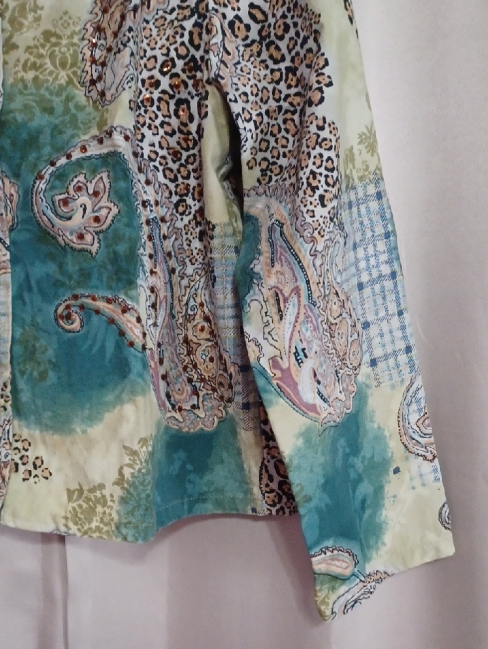 Gaudy Couture Paisley Animal Print Denim Jacket Rhinestones Button Front Sz M - Picture 7 of 15